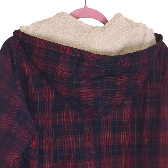 Soho Threads Corduroy Jacket Sherpa Fleece Hooded Plaid Blue Red M bv - Picture 10 of 15